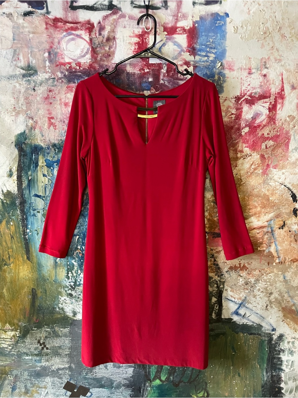 Vince Camuto Red Long-Sleeve Shift Dress with Gold Bar